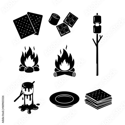 A monochrome vector illustration of s'mores ingredients and a campfire scene