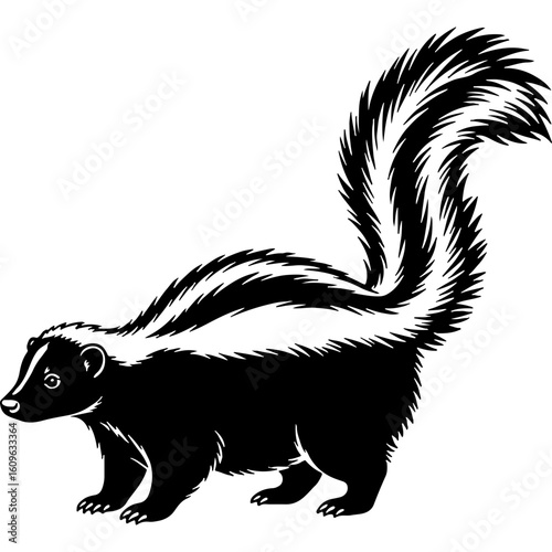 Woodcut Style Skunk Illustration. Detailed Black and White Striped Mammal. North American Wildlife Animal Art.