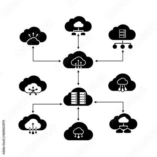 Illustration of cloud network connections with server and cloud icons set