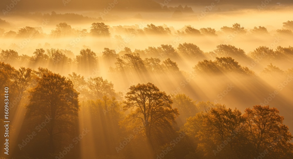 Fototapeta premium Sunbeams pierce through a misty forest canopy in autumn