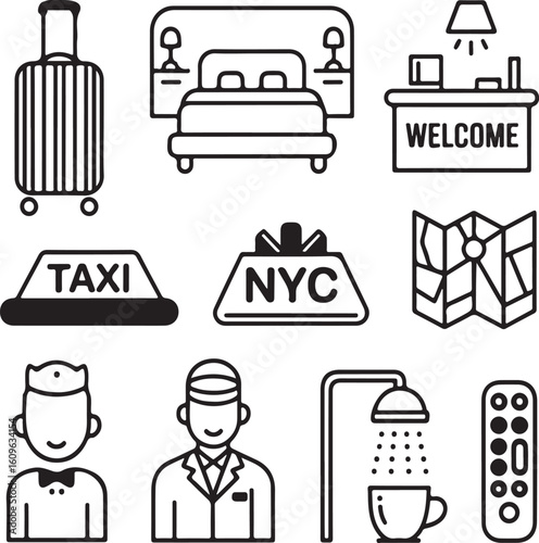 Travel & Hospitality Essentials Icons – Suitcase, Hotel Room, Check-In Counter, Breakfast Tray, Map, Taxi, Bellboy, Shower, Coffee Cup, and TV Remote