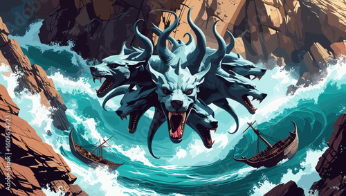 Mythical creature illustration featuring a multi-headed beast emerging from turbulent waters