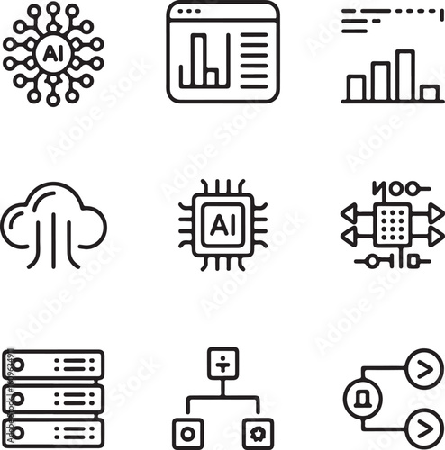 AccessibilitAI and Data Stream Analytics Line Icons – Neural Network, Dashboard, Cloud Sync, Flow Diagram, Server Stack, Brain Chip, Data Nodes, and Machine Learning Symboly