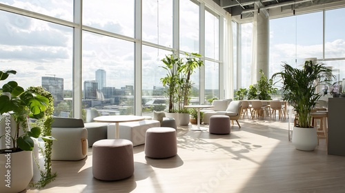 Modern Office Lounge with City View Sunlight Streaming Through FloortoCeiling Windows Plants and