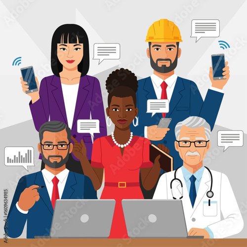 Diverse professionals using technology in a collaborative setting, showcasing various professions and communication.