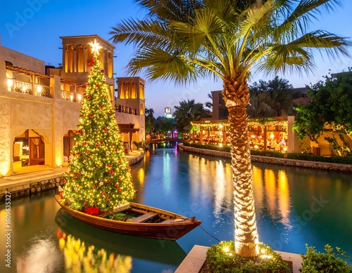 Christmas boat on canal at night
