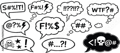 Comic speech bubbles with angry, swear words. Hand drawn crayon speech bubbles with the curses, insults, vulgar rage, swear word symbol and offensive language