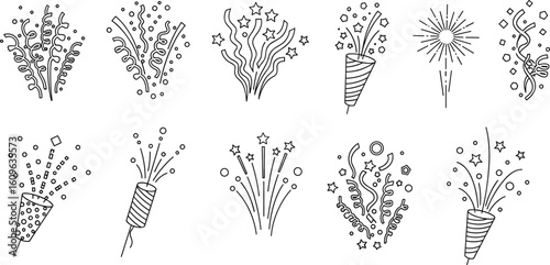 Doodle fireworks with confetti, stars and sparks. Lightning, explosion, sunburst, fireworks, bling, motion effects.