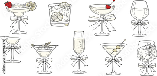 Coquette cocktails with bows hand drawn set. Cute aesthetic glasses with ribbon and bow in sketch style.