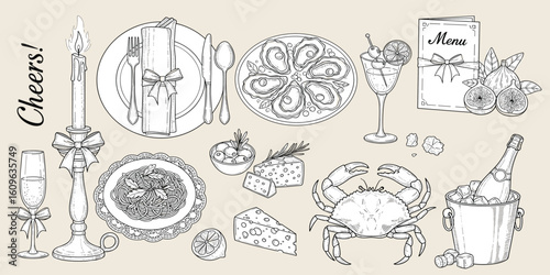 Hand drawn la dolce vita food illustrations. Chalk Mediterranean dinner. Wine, spaghetti, oysters, charcuterie drawings for wedding invitations, menus.