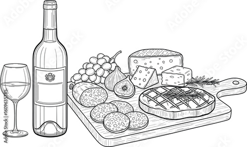 Hand drawn charcuterie and wine. Antipasto appetizer menu, charcuterie, cheese plate, wine. Chalk charcoal style drawing for poster, placard, print