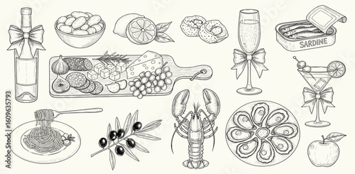 Hand drawn chalk food vector illustrations. Birthday party doodle icons. Anniversary celebration. Champagne, cheese, lobster, oysters, crab, bows