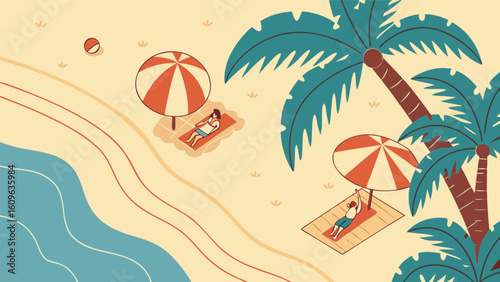 Stock vector illustration of summer beach vacation with palm trees and people sunbathing scene design
