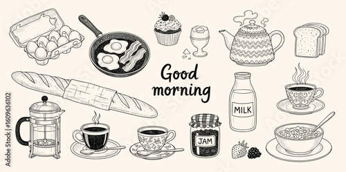 Hand drawn la dolce vita breakfast. Coffee, tea, egg, croissant, food icons in chalk, crayon drawing style. Minimalist line art.