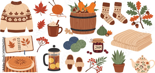 Hygge set, hand drawn vector, scandinavian doodle sketchy elements. Cozy comfortable lifestyle, winter and autumn mood