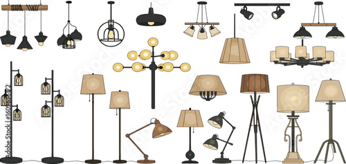 Interior lamps collection. Furniture for home and living room. Vector set of floor lamp table lamp ceiling lamp.