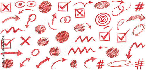Red pencil hand drawn various oval, chalked arrows, check marks. Vector doodle marker drawing. Hand drawn charcoal symbols for diagrams
