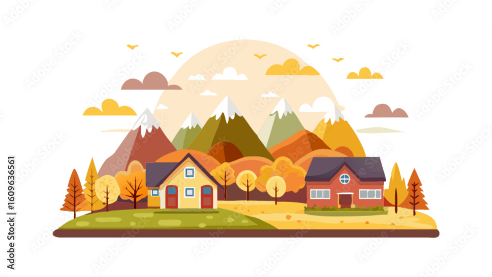 Naklejka premium Flat vector illustration of autumn landscape with houses mountains and trees for graphic design needs