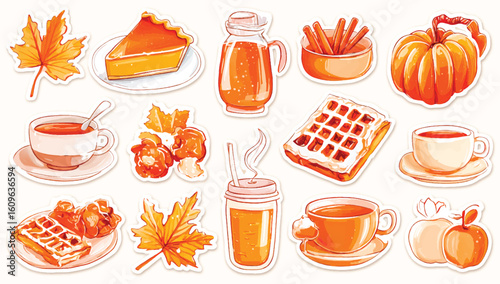 Autumnal Watercolor Sticker Set Featuring Fall Foods and Beverages for Thanksgiving and Harvest Festivities with Pumpkin and Apple Spice