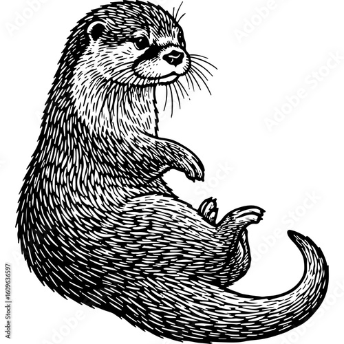 Black and White Engraved Woodcut Style Otter Sitting, Detailed Hand-Drawn Linocut Print Illustration of a Wildlife Mammal