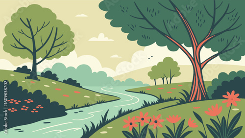 Vector illustration of a scenic landscape with river trees flowers and clouds for graphic design projects