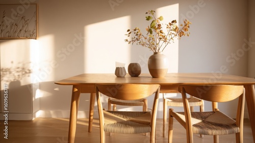 minimalist dining room at sunset, warm golden hour light, natural wood table, soft shadows, cozy and calm atmosphere 