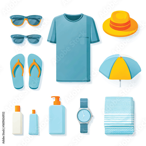 Beach Day Essentials Illustration with Sunglasses TShirt Sunscreen Watch and More Summer Vacation Items