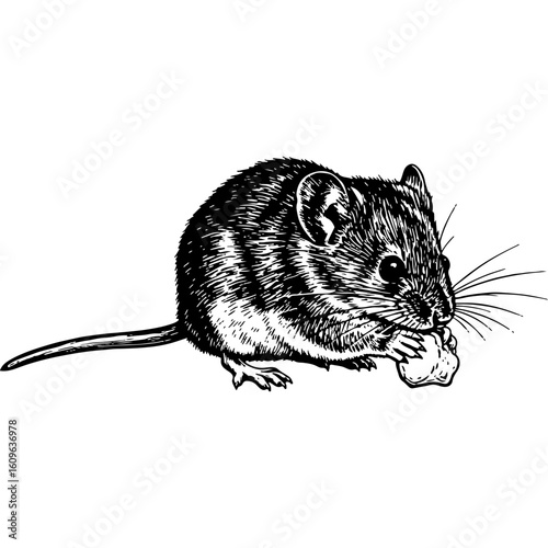 Vintage Woodcut Style Illustration: Detailed Engraving of a Mouse or Rodent Eating Food, Black and White Animal Art