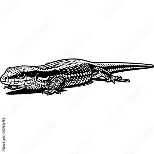 Classic Woodcut Style Lizard Illustration. Detailed Vintage Reptile Engraving Artwork in Black and White.