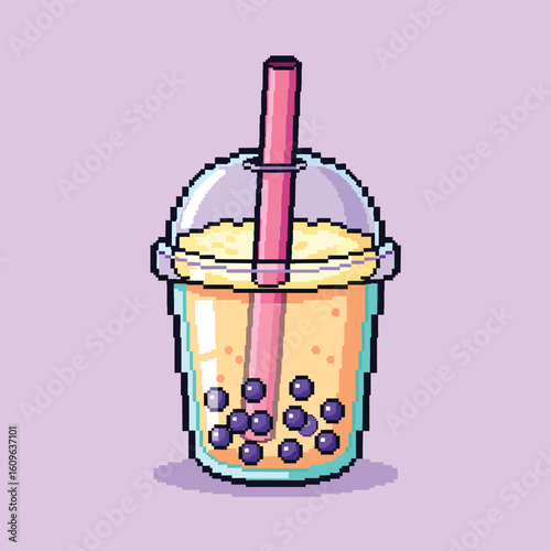 Pixel Art Bubble Tea with Tapioca Pearls and Pink Straw in a Clear Cup.