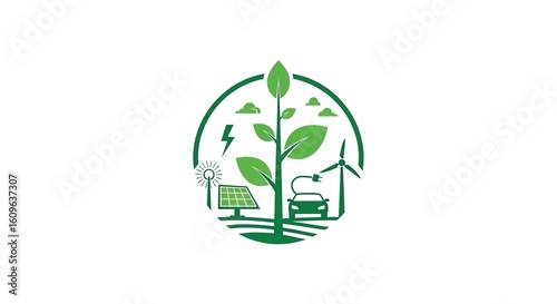 Green energy logo with plant solar panel wind turbine and electric car.