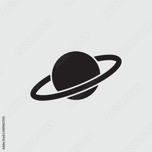 Simple black silhouette of a ringed planet on a light gray background