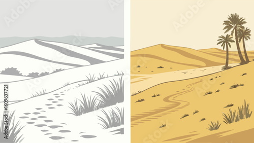 Explore desert landscape illustration with sand dunes palm trees and arid climate for travel and adventure