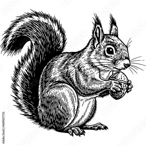 Woodcut Style Squirrel Holding Nut. Hand-Drawn Black and White Engraving of a Cute Woodland Animal with a Forest Acorn.
