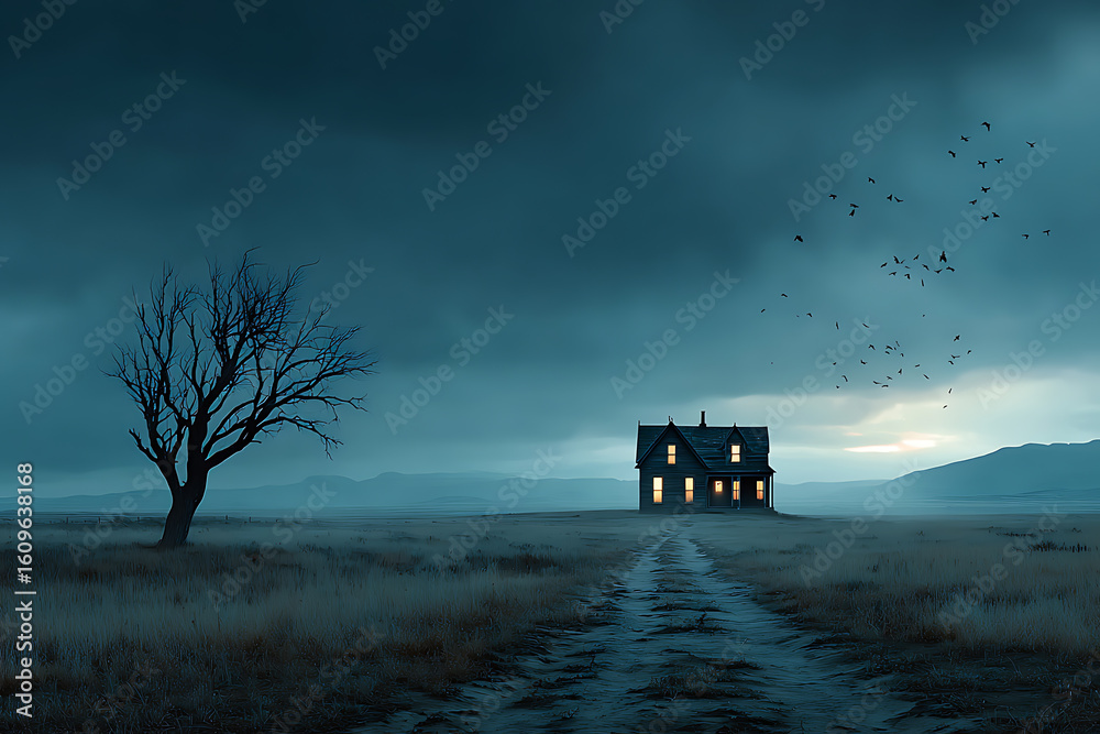 Fototapeta premium Mysterious Abandoned House at Dusk with Dark Clouds and Birds