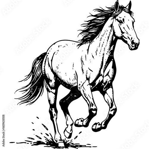 Dynamic Galloping Horse Woodcut Style Illustration. Vintage Black and White Running Equine Artwork with Splashes, Expressive Animal Movement.