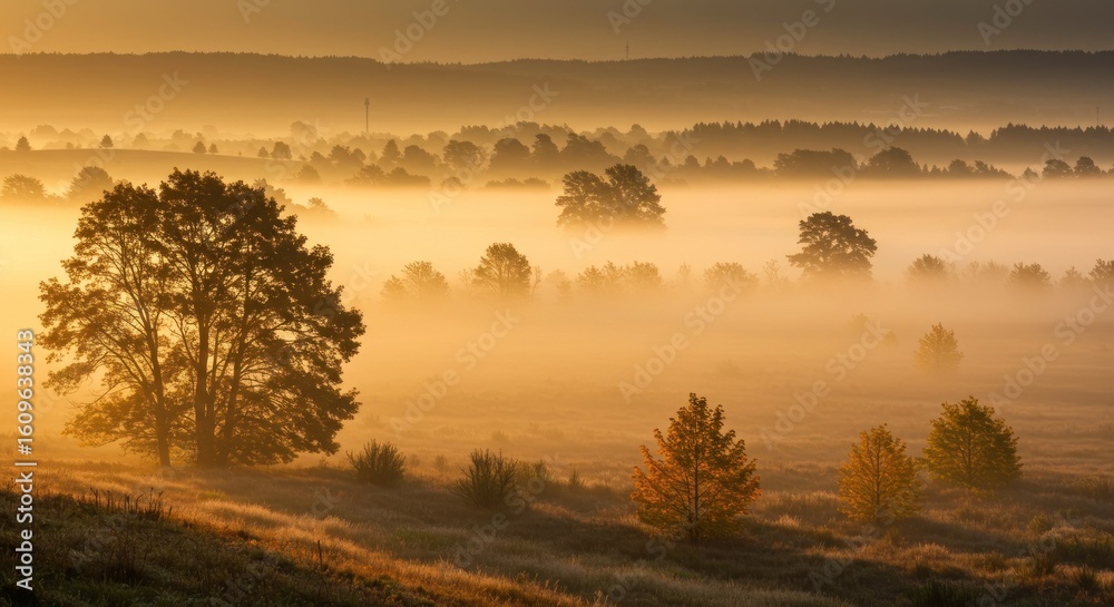 Sunrise over a misty landscape with silhouetted trees and a forest Sunrise over a misty landscape with silhouetted trees and a forest