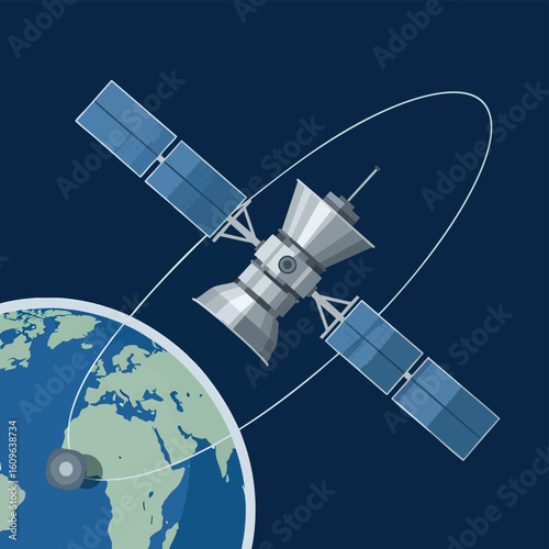 Satellite orbiting Earth with solar panels vector illustration.