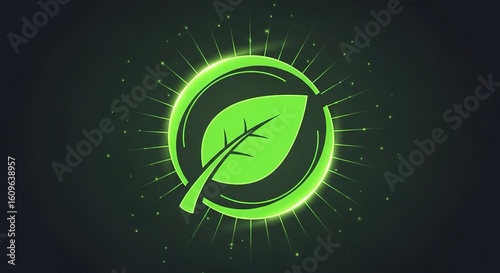 Green leaf inside circle with glowing rays on dark background.