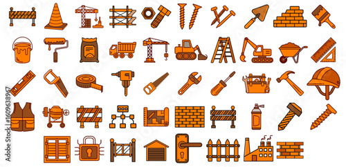 Construction tools and equipment icons set, building site safety and repair tools collection