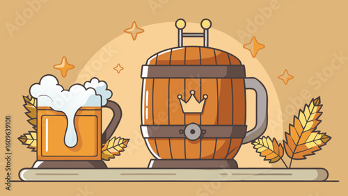 Oktoberfest Wooden Barrel with Blue-White Ribbons in Beer Garden – Vector Festival Scene, Generative AI