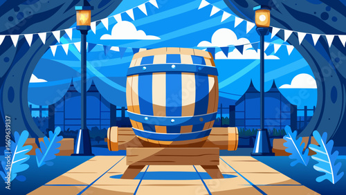 Oktoberfest Wooden Barrel with Blue-White Ribbons in Beer Garden – Vector Festival Scene, Generative AI