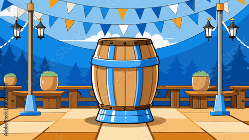 Oktoberfest Wooden Barrel with Blue-White Ribbons in Beer Garden – Vector Festival Scene, Generative AI