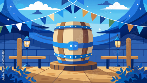 Oktoberfest Wooden Barrel with Blue-White Ribbons in Beer Garden – Vector Festival Scene, Generative AI