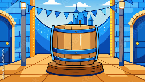 Oktoberfest Wooden Barrel with Blue-White Ribbons in Beer Garden – Vector Festival Scene, Generative AI