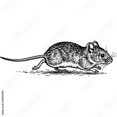 Running house mouse illustration in vintage woodcut style, black and white rodent artwork, pest animal, farm creature, detailed engraving.