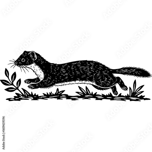 Dynamic running weasel illustration in vintage woodcut style, black and white wild animal engraving design element