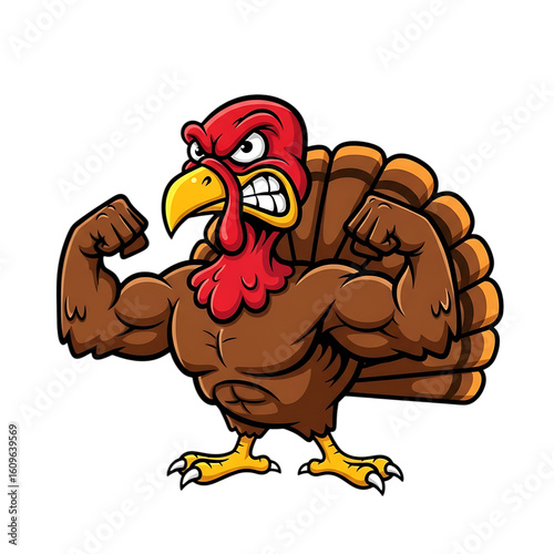 Cartoon of a Muscular, Angry Turkey Mascot on transparent background