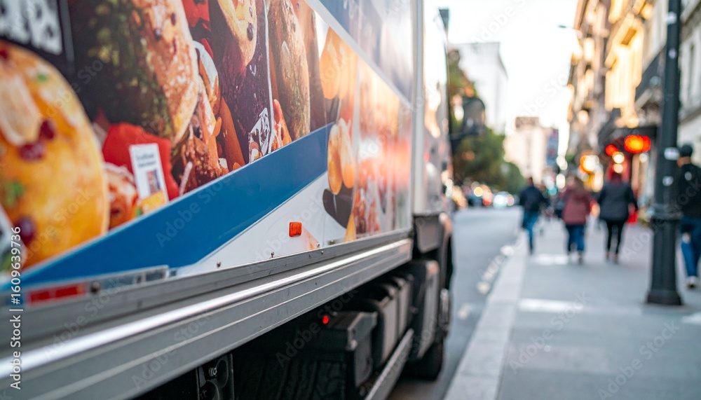 Obraz premium Commercial Refrigerated Truck Mockup with Vibrant Advertising, Parked in a Bustling Urban Setting with Pedestrians and Street Infrastructure 