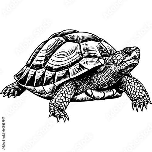Vintage Woodcut Style Turtle Illustration. Detailed Hand-Drawn Engraving of a Reptile, Black and White Artistic Animal Artwork.